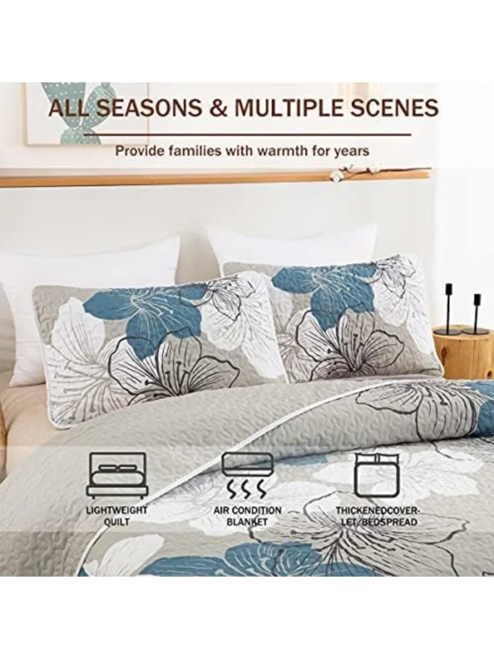 California King Size 3-Piece Blue Floral Quilt Bedding Set - Cozy & Stylish